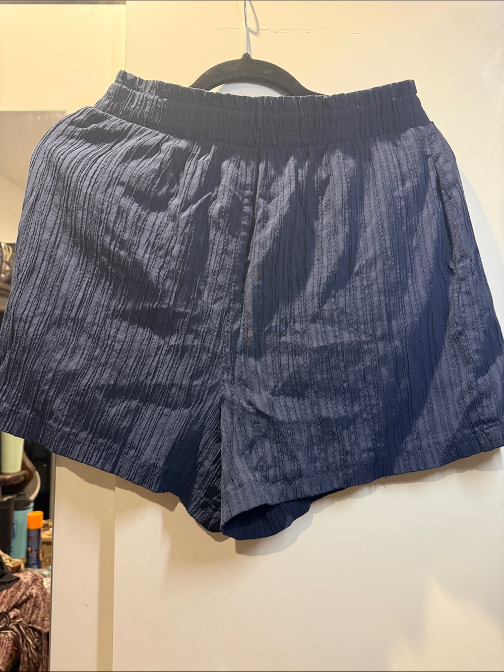 Suzy Shier Navy Blue Textured Elastic Waist Shorts